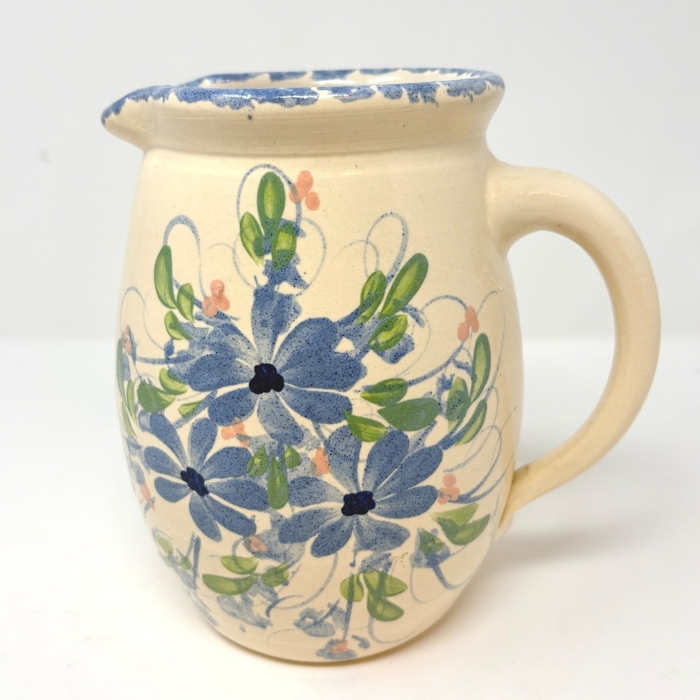 East Texas Pottery Blue Floral Hand Painted Ceramic Pitcher Marshall Texas 7.5in